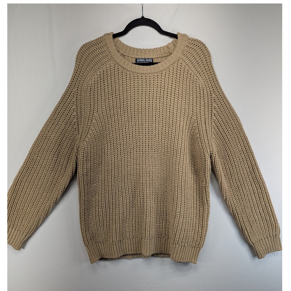 PJ Paul Jones Mens Tan Chunky Knit Crewneck Sweater Raglan Sleeve Khaki Large
